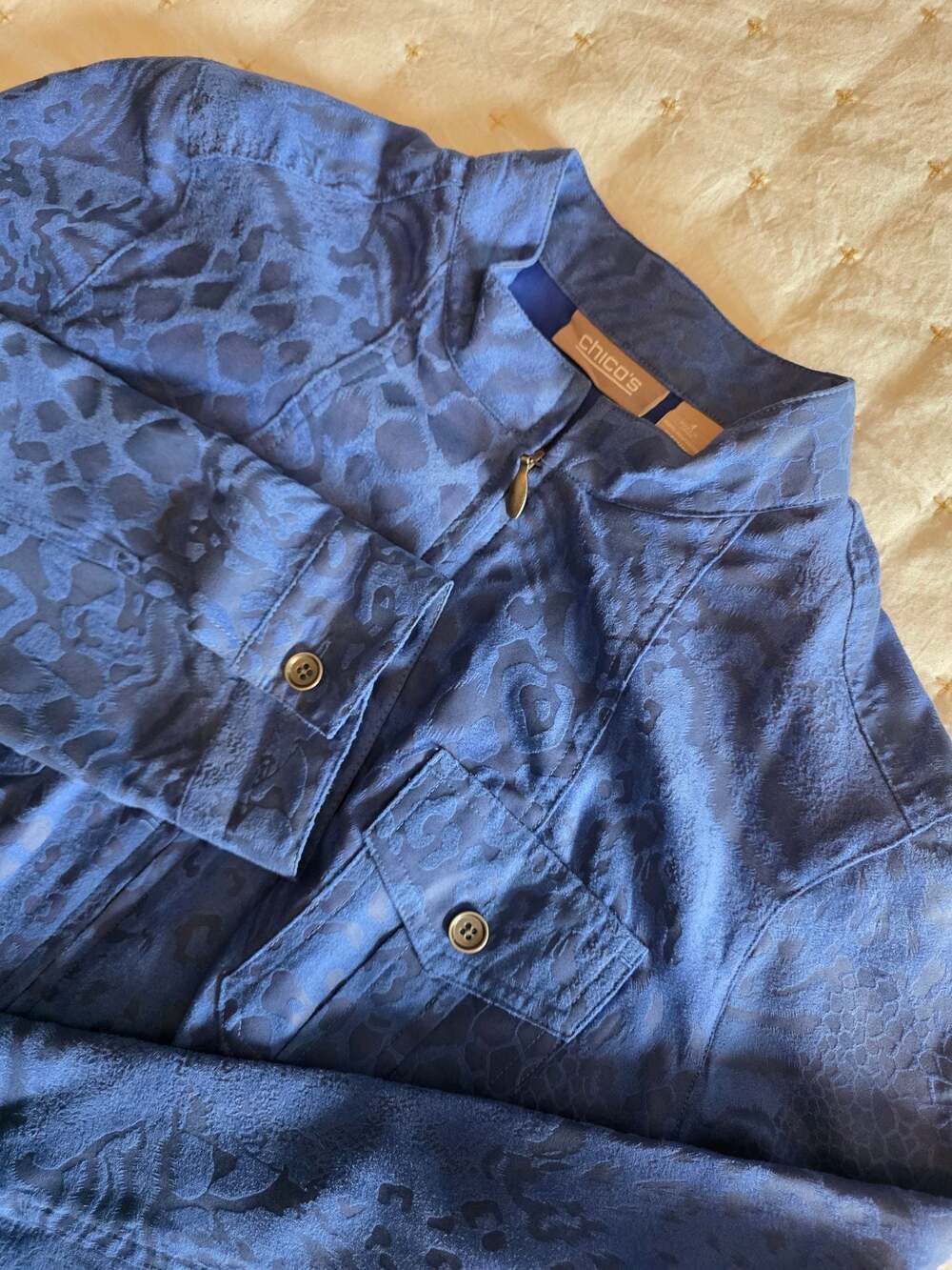 Chico's Blue Jacquard Pattern Zip-Up Lightweight Jacket